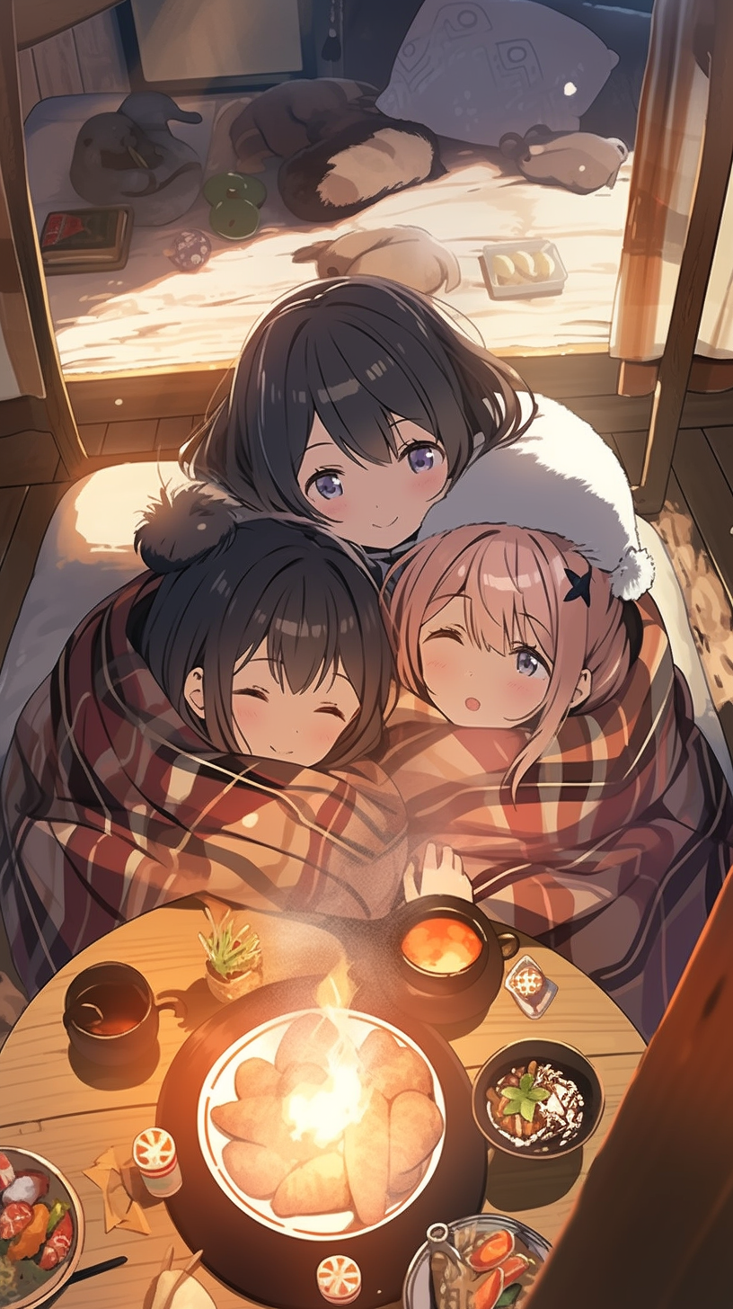 This anime wallpaper captures a cozy and heartwarming scene featuring three characters from the popular series 'My Teen Romantic Comedy SNAFU' (also known as 'OreGairu')