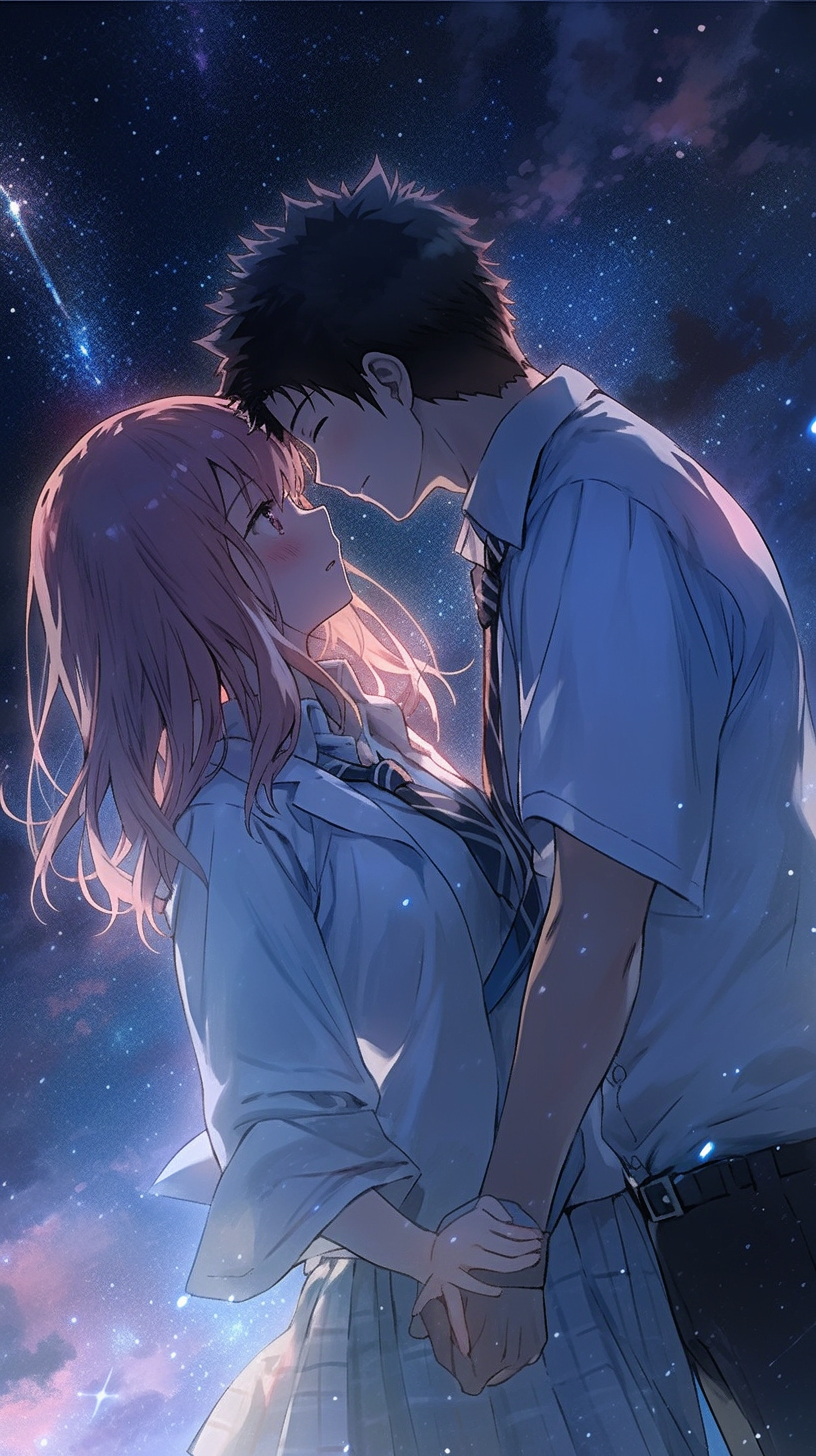 This enchanting anime wallpaper captures a tender moment between two characters from 'A Silent Voice' set against a starry night backdrop