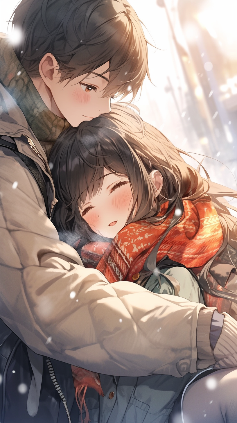 This enchanting anime wallpaper captures a heartwarming moment between two characters sharing a tender hug amidst a gentle snowfall