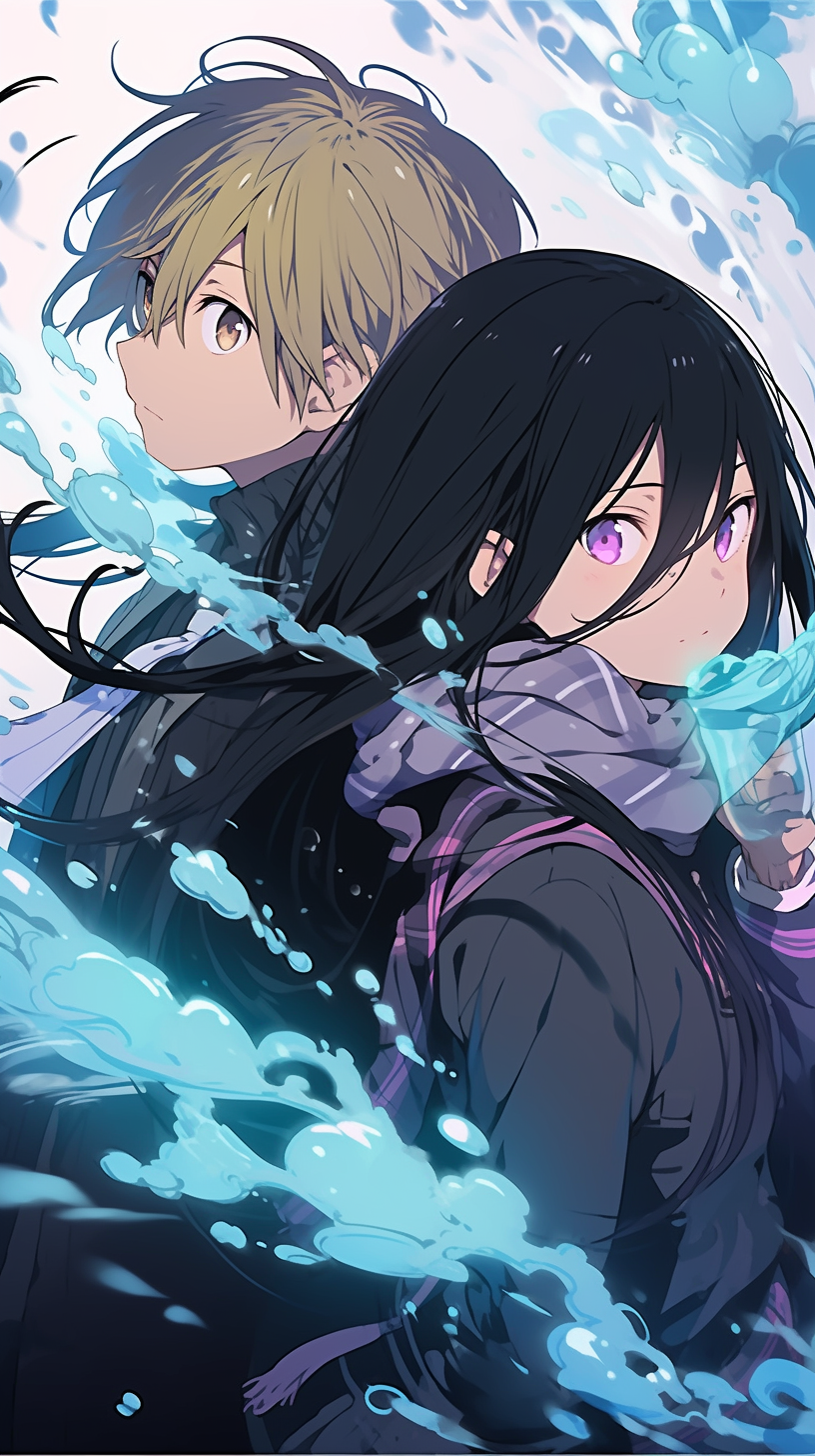This captivating anime wallpaper features two celestial characters, Yato and Hiyori, amidst a dynamic and ethereal backdrop