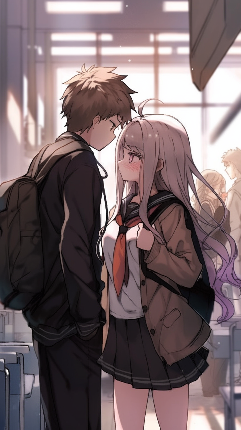 This anime wallpaper captures a tender moment between two characters from the thrilling and suspenseful series Danganronpa