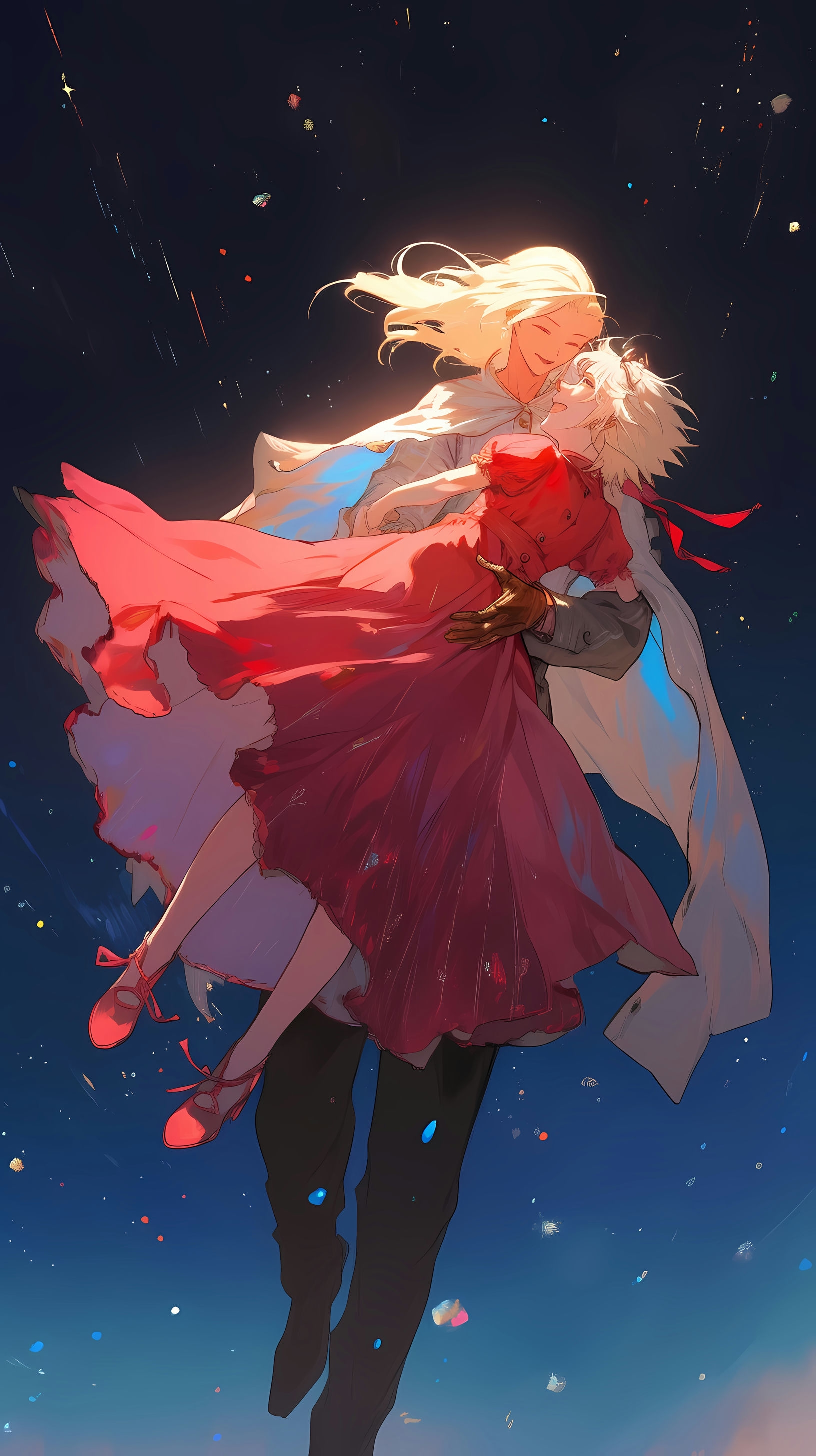 This enchanting anime wallpaper captures a magical moment between Howl and Sophie from the beloved series 'Howl's Moving Castle