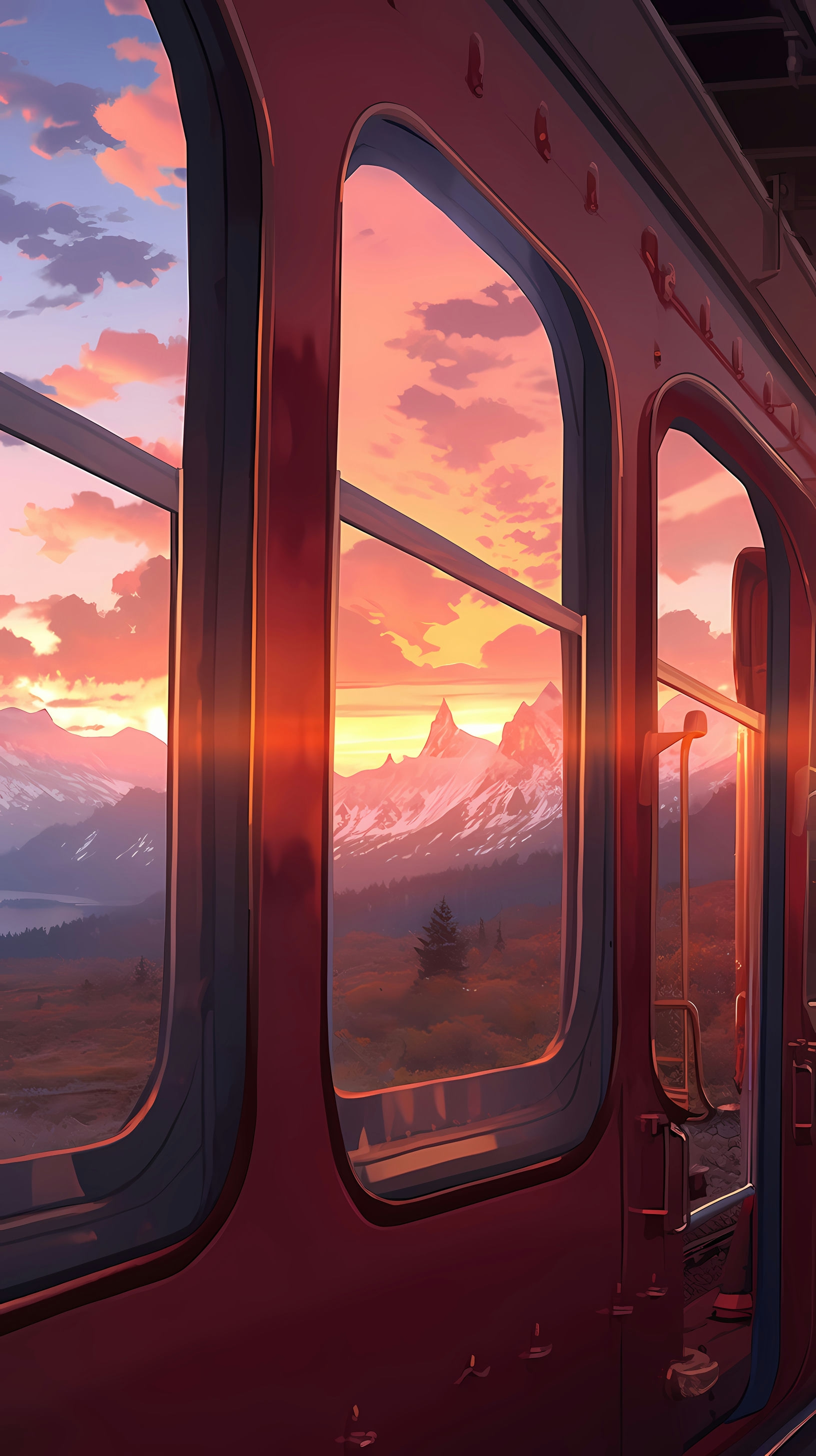 This captivating anime wallpaper showcases the iconic Hogwarts Express train against a breathtaking sunset