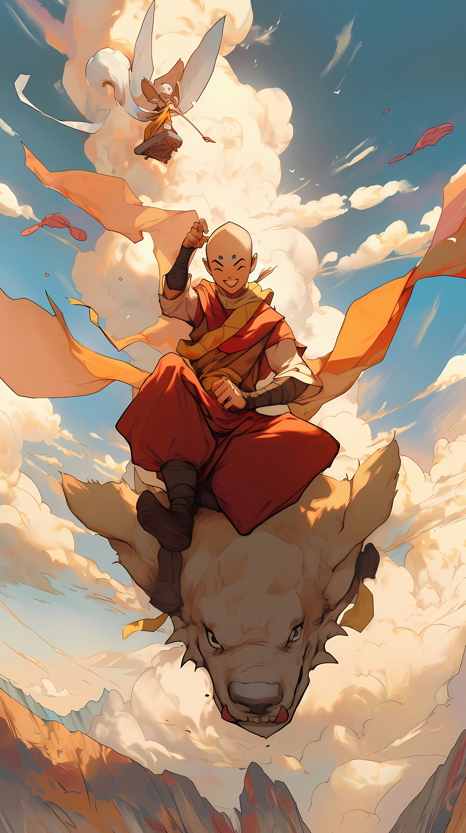 This captivating anime wallpaper features Aang, the young and brave protagonist of Avatar: The Last Airbender, soaring through the sky on his loyal flying bison, Appa