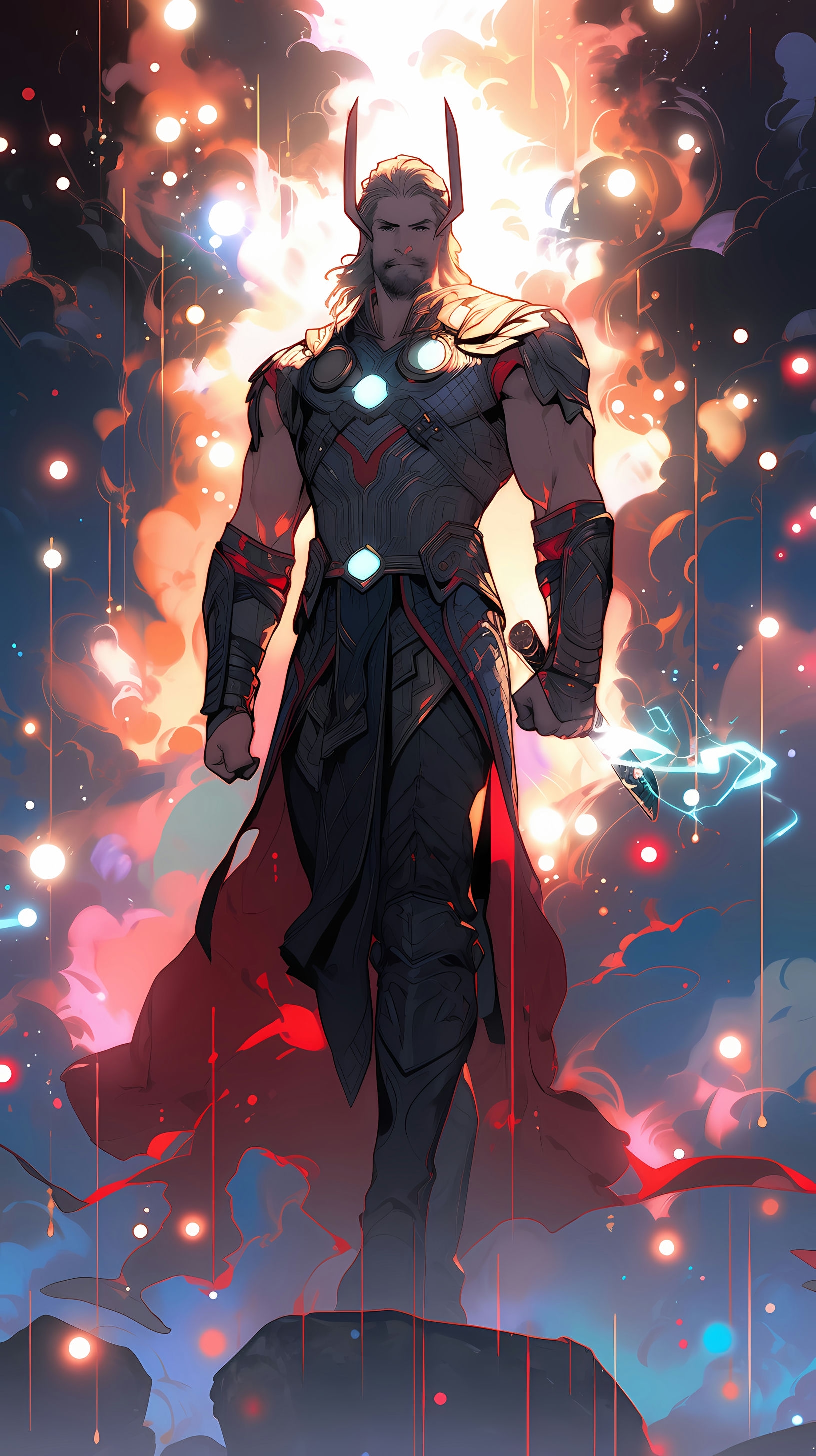 This anime wallpaper captures the majestic presence of Thor, the God of Thunder, amidst the ethereal landscapes of Asgard
